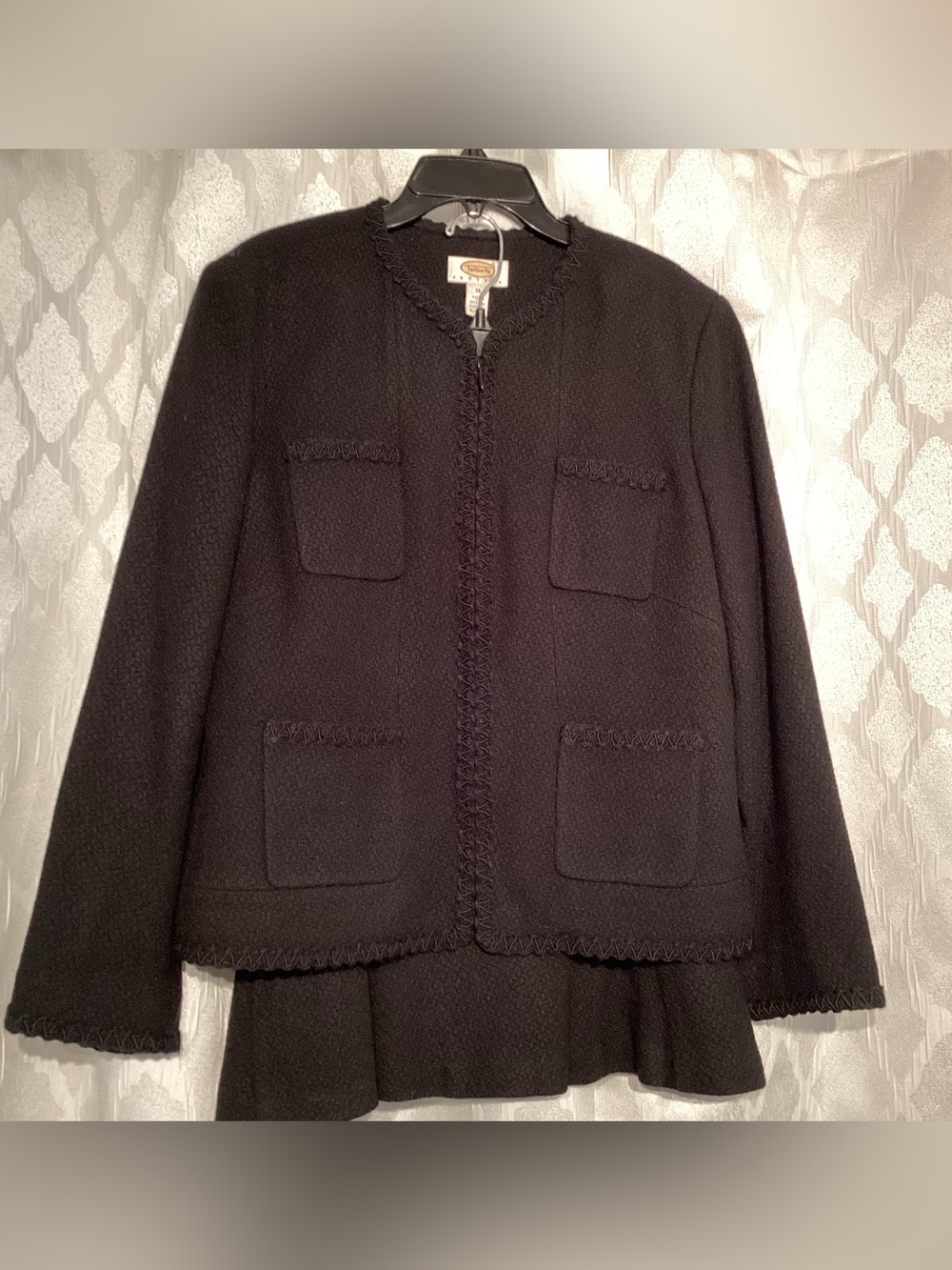 Talbots Black Collarless Bouclé Jacket Suit with Flair Skirt